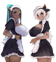 2girls apron bangs bea_(pokemon) black_hair blue_eyes blue_highlights bow_hairband breasts dark-skinned_female detached_collar grey_eyes hair_bun headband highlights_(coloring) large_breasts long_hair maid maid_apron maid_headdress maid_uniform nessa_(pokemon) nintendo pokemon pokemon_ss short_hair sumisumii white_hair wrist_cuffs