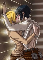 2girls against_wall annie_leonhardt asian attack_on_titan black_hair blonde_hair bra_strap closed_eyes hidden kissing mikasa_ackerman multiple_girls okonomiyaky petite shingeki_no_kyojin shirt_lift short_hair tied_hair yuri