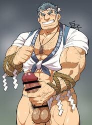 1boy 41raco abs arm_hair ass bar_censor bara beard biceps bracelet censored cowboy_shot erection facial_hair fundoshi fundoshi_aside grin hachimaki hairy happi headband highres huge_cock human human_only japanese_clothes jewelry kirupi large_pectorals male male_cleavage male_focus male_only male_pubic_hair mature_male mosaic_censoring muscular muscular_male navel no_pants pectorals penis pointing pointing_at_self pubic_hair rope short_hair sideburns skindentation smile solo stomach stubble thick_eyebrows thick_thighs thighs tokyo_afterschool_summoners tokyo_houkago_summoners veins veiny_penis water_deity_(tokyo_afterschool_summoners)