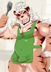 1boy anthro apron apron_only balls clothing felid genitals hombretigre ilan1985 male male_only mammal mostly_nude muscular muscular_anthro muscular_male nude one_eye_closed pantherine pecs solo spatula tiger tokyo_afterschool_summoners tools video_games wink