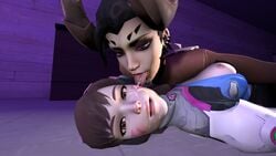 2girls 3d black_hair blizzard_entertainment breasts breasts_exposed brown_eyes brown_hair clothes cum cum_on_chin cum_on_tongue d.va earrings futivesfm licking_cum licking_face looking_at_another looking_at_viewer lying lying_on_back mercy nipples overwatch partially_clothed purple_eyes sfm smile tongue tongue_out white_skin