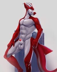 anthro balls blue_eyes chilldog dragon fish foreskin genitals half-erect halfbody hi_res horn male marine muscular penis piercing pose red_body shark solo solo_focus white_body