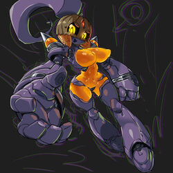 1girls abs android black_sclera breasts dark_background elly_(pochincoff) erect_nipples female forehead_jewel full_body halloween helmet hybrid jewelry multicolored_skin navel nipples no_nose open_mouth orange_breasts orange_nipples orange_skin original original_character pochincoff purple_skin robot robot_girl smile topless translucent yellow_eyes