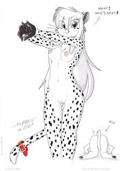 anthro ass belly breasts cheetah clothed clothing collar collar_only felid feline felis female fur genitals gloves hair handwear humor long_hair mammal navel nipples no_underwear nude paws pussy solo spots spotted_body spotted_fur tirashanks_(artist) toony vanilla_(tirashanks)