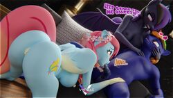 3d 3d_(artwork) absurd_res anthro anthro_on_anthro ass balls bat_pony big_butt blue_body breasts dialogue digital_media_(artwork) equid equine fan_character fellatio female genitals group group_sex hair hasbro heart hi_res male male/female mammal mlp_oc my_little_pony oral pegasus penile penis pink_hair purple_hair pussy sex tail_aside threesome trio vyprae wings