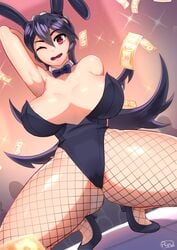 1girls arc_system_works armpits arms_up bunny_ear bunnysuit cleavage crouching filia_(skullgirls) fishnets heels high_heels large_breasts long_hair necktie purple_hair red_eyes ryu2 samson_(skullgirls) skullgirls squatting wince