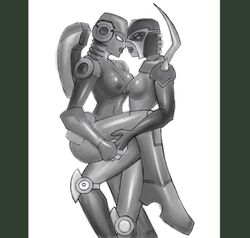 2girls alien alien_girl arcee arcee_(g1) big_breasts blackarachnia breasts busty lesbian machine nipples robot robot_girl simple_background thick_legs thick_thighs transformers transformers_animated yuri