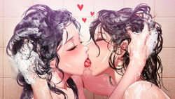 2girls blush eyelashes eyeliner eyeshadow female female_only french_kiss heart hi_res hug kissing long_hair makeup mole nude open_mouth saliva saliva_string saliva_trail shower soap tongue tongue_out water wet yuri yuritamashi