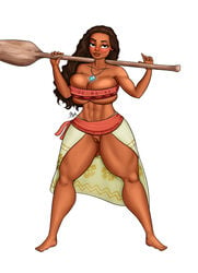 abs allop bandeau barefoot big_breasts brown_eyes brown_skin bursting_breasts crop_top curly_hair dark-skinned_female disney disney_princess full_body hourglass_figure huge_breasts moana moana_waialiki navel partially_clothed pinup pussy seductive seductive_look seductive_smile thick_lips thick_thighs tight_clothing white_background