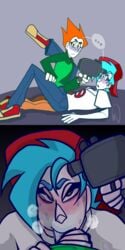 ... :>= blowjob blowjob_face blue_hair boyfriend_(friday_night_funkin) cheating_boyfriend cock_gobble cock_hungry cowgirl_position cum_hungry cum_in_mouth deepthroat erection_under_clothes fellatio female friday_night_funkin gay giving_head going_down_on heavy_breathing holding_penis implied_anal implied_sex knob_polishing looking_at_viewer male male/male mouthful newgrounds oral oral_sex orange_hair orgasm_from_oral penis penis_in_mouth pico_(newgrounds) playing_skinflute recording spread_legs sweatdrop video_camera