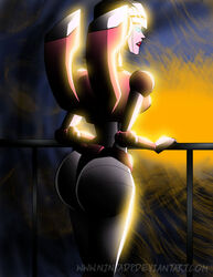 1girls 2d 2d_(artwork) arcee arcee_(g1) artist_request ass back big_ass big_butt blue_eyes female female_only lighting pink_lips rear_view robot robot_girl round_ass solo solo_female sunset tagme_(artist) thick_ass transformers transformers_g1
