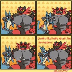 2021 anthro anthro_on_anthro balls bottle comic dasoupguy dialogue duo english_text erection flameless_incineroar gay genitals hi_res holding_object humanoid_genitalia humanoid_penis humor imminent_sex incineroar lube lube_evaporation lucario male male/male male_only multiple_scenes muscular muscular_anthro muscular_male nintendo nipples pecs penis pokemon pokemon_(species) size_difference sound_effects spikes spikes_(anatomy) text url