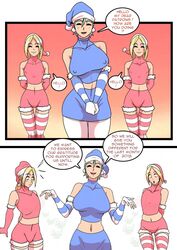 3girls big_breasts breast_expansion christmas christmas_outfit comic dialogue english_text erect_nipples erection_under_clothes female female_only flat_chest maxman multiple_girls original original_characters speech_bubble text