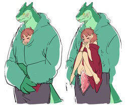 1boy 1girls anthro baggy_clothing barefoot blush brown_hair clitoris clothed_sex cum_in_pussy embarrassed erection female_human female_on_anthro femsub full-face_blush green_scales height_difference hoodie hoodie_fuck_challenge huge_cock human human_female human_on_anthro inside_clothes interspecies larger_male lizardman m_legs male/female male_anthro male_anthro/female_human male_on_human maledom meme ollie_(spirit_bathhouse) open_fly penis pussy romantic scalie sex sframboob shared_clothes shuddering size_difference smaller_female spirit_bathhouse stealth_sex straight vaginal_penetration webcomic wholesome zaggie_(spirit_bathhouse)