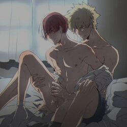 2boys artist_request bare_chest bed bed_sheet blonde_hair blush eyes_closed gay hand_on_penis hand_on_thigh handjob handjob_lounge_chair_position katsuki_bakugou male male/male male_only my_hero_academia nipples partially_clothed shouto_todoroki socks two_tone_hair yaoi