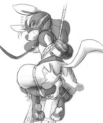 ambiguous_gender animal_genitalia animal_penis anus ass blush bodily_fluids bondage bound butt_grab canine_penis disembodied_hand forced fully_bound genitals grope hand_on_butt hands_behind_back hi_res knot leash lewdango looking_back lucario male male/ambiguous muzzle_(object) muzzled nintendo penis pokemon pokemon_(species) simple_background spread_butt spreading sweat video_games white_background