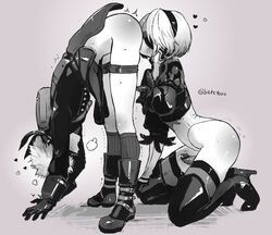 1boy 1futa 1girls ass backpack bag bar_censor blindfold blush boots breath censored clothing cum erection feather-trimmed_sleeves feather_trim feathers female futa_on_male futanari gloves greyscale hairband heart high_heel_boots high_heels kneeling leotard male mole mole_under_mouth monochrome nier:_automata nier_(series) open_mouth oral pale_skin penis puffy_sleeves rimjob rimming short_hair socks straight sweat tarakoutibiru thigh_boots thighhighs trembling twitter_username yorha_2b yorha_9s