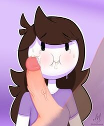 1boy 1girls after_sex big_penis blowjob bubjones cum_in_face cum_in_mouth female fully_clothed happy happy_sex huge_cock jaiden jaiden_animations jaidenanimations looking_at_partner male penis purple_background purple_shirt sweatdrop tears transparent_body white_skin youtube youtuber