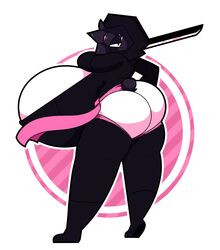 anthro ass bear big_breasts dewbber exposed_ass furry hair_over_one_eye hyper_breasts katana mouth_covered ninja pink_background pink_belt simple_background squint sword thick_thighs