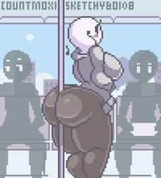 2019 animated anthro ass ass_shake between_ass between_buttocks big_ass big_butt breasts bubble_butt butt clothed countmoxi fully_clothed holding_object_between_buttocks in_train jacket large_ass listening_to_music mob_face mp4 music_note no_sound pixel_art pole pole_between_ass public sketchyboi_(sketchyboi08) sketchygal tagme train twerking video white_skin