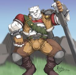 2021 abs anthro barazoku belt biceps big_pecs boots bottomwear bulge clothed clothing felid footwear fur grass grey_fur grey_nose grimoire_of_zero hi_res holding_object holding_weapon inkart_flow looking_at_viewer male mammal manly melee_weapon mercenary_(character) multicolored_fur muscular outside pantherine pants pecs plant presenting_bulge rock round_ears shirt sitting sky smile solo solo_male spread_legs spreading sword thick_thighs tiger topwear triceps vest weapon white_body white_fur