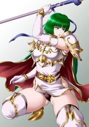 armor bare_thighs black_panties boots breastplate dithorba_(fire_emblem) female fire_emblem fire_emblem:_genealogy_of_the_holy_war green_eyes green_hair holding holding_lance holding_polearm holding_weapon kneeling lance open_mouth panties pantyshot polearm rakusai_(saisai_garou) squatting thighs underwear weapon