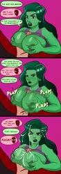 1girls areolae between_breasts big_breasts comic cum cum_between_breasts cumshot deadpool dialogue edit ejaculation ejaculation_between_breasts english_text female female_focus giant_breasts green-skinned_female green_eyes green_hair green_skin huge_breasts hulk_(series) kingdong98 male male/female marvel marvel_comics motion_blur motion_lines paizuri penis premature_ejaculation she-hulk speech_bubble straight superhero superheroine titfuck titjob unseen_male_face x-force