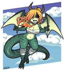 1girls 2021 anthro belly_button big_breasts black_sclera blonde_hair borrowed_character bottomless breasts cleavage dragon dragon_girl dragon_wings kaibuzetta red_eyes reptile sharp_teeth tagme tail wings