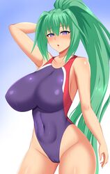 1girls 2020 arm_up armpits bangs blush breasts competition_swimsuit exposed_shoulders eyebrows_visible_through_hair female female_focus female_only green_hair green_heart hair_between_eyes hand_behind_head highleg_swimsuit hips hourglass_figure huge_breasts long_hair long_ponytail looking_at_viewer murasame_(pixiv_38411450) neptunia_(series) one-piece_swimsuit open_mouth ponytail purple_eyes purple_swimsuit shiny_skin slim_waist sweat swimsuit symbol-shaped_pupils thick_thighs thighs vert wide_hips