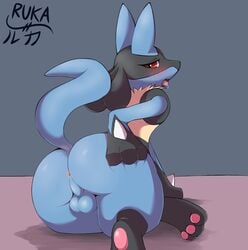 anthro anus ass backsack balls black_body black_fur blue_body blue_fur blush butt digitigrade fur furry genitals hi_res looking_at_viewer looking_back lucario male male_only nintendo pawpads pink_pawpads pokemon pokemon_(species) presenting presenting_anus presenting_balls presenting_hindquarters rear_view red_eyes ruka_(artist) simple_background solo video_games yellow_body yellow_fur