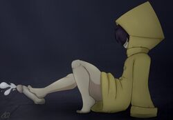 1boy 1boy1girl 1girls barefoot cum female foot_fetish footjob human little_nightmares male manual outerwear pale_skin raincoat six_(little_nightmares) smile yellow_raincoat