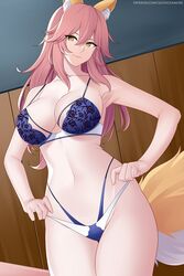 1girls 2021 alternate_hairstyle armpits aslindsamure belly_button blue_bra blue_lingerie blue_panties bra breasts brown_fur cleavage confident fate/extella fate/extra fate/grand_order fate_(series) female female_focus female_only flower_pattern fluffy_ears fluffy_tail fox_ears fox_girl fox_tail hair_down hands_on_hips highleg_panties hourglass_figure kitsune large_breasts lingerie lipstick long_hair looking_at_viewer multi-strapped_bikini pink_hair slim_waist smile solo tamamo_no_mae_(fate) thick_thighs thighs white_panties yellow_eyes
