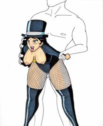 black_and_white brownpidgeon dc fishnets hanging_breasts leather_boots monochrome straight_hair tongue_out zatanna zatanna_zatara