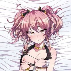 blush breasts choker cleavage dakimakura_(medium) female idolmaster idolmaster_cinderella_girls jougasaki_mika looking_at_viewer lying on_back orange_maru pink_hair short_twintails twintails yellow_eyes