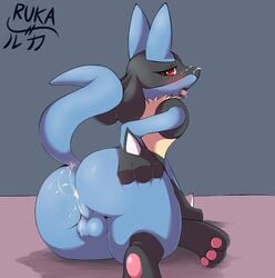 anthro anus ass backsack balls black_body black_fur blue_body blue_fur blush bodily_fluids canid canine cum cum_in_ass cum_inside cum_leaking digitigrade fur genital_fluids genitals hi_res looking_at_viewer looking_back lucario male male_only mammal nintendo pawpads pink_pawpads pokemon pokemon_(species) presenting presenting_anus presenting_balls presenting_hindquarters rear_view red_eyes ruka_(artist) simple_background solo video_games yellow_body yellow_fur