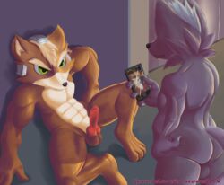 anthro armor ass balls canid canine canis digital_media_(artwork) duo erection fox fox_mccloud genitals headgear helmet hi_res k9player_(artist) looking_at_another looking_back male male/male mammal nintendo nude penis phone recording sitting star_fox video_games wolf wolf_o'donnell