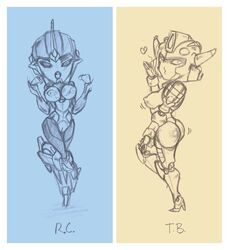 2girls alien alien_girl arcee artist_request breasts butt colored_background female_only monochrome robot robot_girl sketch tagme thunderblast transformers transformers_cybertron transformers_prime unknown_artist