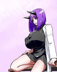 female horns kuro_(yuki_yugi_paru) lab_coat nipple_indentation office_lady oni oni_horns pen pen_in_mouth purple_eyes purple_hair sharp_teeth side_view simple_background skindentation solo sweater yuki_yugi_paru