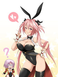 2girls ? astolfo_(fate) big_breasts blush bunny_ears bunnysuit cleavage confused fate/apocrypha fate/grand_order fate_(series) glasses hair_ribbon hair_twirling hand_on_hip hips mash_kyrielight multiple_girls pink_eyes pink_hair rule_63 short_hair smug surprised thighhighs