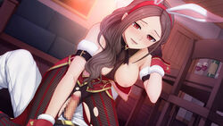 1boy :d adjusting_hair animal_ears arm_strap bangs black_gloves black_legwear breasts brown_hair bunny_ears censored cleavage clothing cowgirl_position dutch_angle fake_animal_ears female fishnet_legwear fishnets game_cg gloves hairband highres indoors leotard leotard_aside long_hair maple_(x-overd) medium_breasts mosaic_censoring nipples official_art open_mouth panties pantyhose parted_bangs penis red_eyes red_hairband sex shiny shiny_hair smile straight torn_clothes torn_legwear underwear vaginal_penetration white_panties wooden_floor x-overd