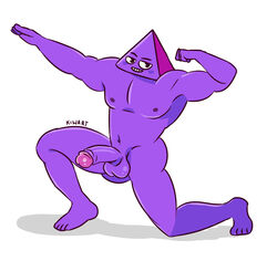 1male anthro balls bara bodybuilder circumcised flexing for_a_head gay genitals half-erect hi_res humanoid humanoid_genitalia humanoid_penis kiwart large_penis looking_at_viewer male male_only naked not_furry object_head penis posing purple_(the_heist) purple_balls purple_body purple_penis purple_skin solo the_heist triangle_(shape)