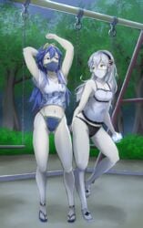 2girls bare_legs black_panties blue_eyes blue_hair blue_panties chin_diaper chin_diapers corrin_(fire_emblem) corrin_(fire_emblem)_(female) covid-19_pandemic female_only fire_emblem fire_emblem_awakening fire_emblem_fates full_body hairband highres lucina_(fire_emblem) mask mouth_mask multiple_girls night no_pants outdoors panties playground red_eyes swing tiara underwear vidolus white_hair