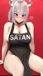 absurdres apron artist_name bangs black_apron blush breasts cleavage closed_mouth demon_girl demon_horns eko. female heart helltaker highres horns large_breasts long_hair looking_at_viewer lucifer_(helltaker) mole mole_under_eye naked_apron ponytail red_eyes sideboob sidelocks simple_background sitting solo spoken_heart thighs white_hair white_horns