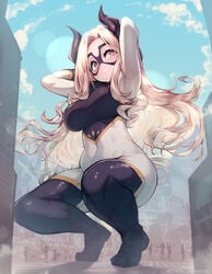 1girls 2021 blonde_hair blush bodysuit breasts clothed clothed_female clothes covered_navel female female_focus giantess horns long_hair mask mount_lady my_hero_academia parororo shounen_jump squatting superheroine thick_thighs thighs tight_clothing yuu_takeyama