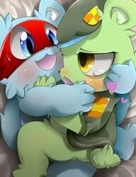 2boys blue_fur blush blushing bottomless cuddle cuddling cute flippy_(htf) fluffy fluffy_tail fur furry gay green_fur happy_tree_friends love male male_only military military_hat military_jacket military_uniform nekokagebevil splendid_(htf) tears