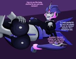 1girls anus arcee arcee_(prime) areolae ass autobot big_ass big_breasts blue_anus blue_nipples blue_pussy breasts corruption dialogue english_text female female_focus nipples nobleseven20 pussy robot robot_girl seductive sex straight text transformers transformers_prime vaginal_penetration