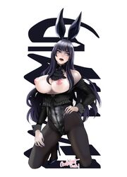 1girls areolae big_breasts black_hair blue_eyes breasts bunny_ears bunnysuit exposed_breasts eyebrows_visible_through_hair final_fantasy final_fantasy_xiv fishnets gaia_(ffxiv) hair_over_shoulder hand_on_hip hand_on_thigh high_heels kneeling long_hair nipples ooshima_ryou painted_nails simple_background square_enix