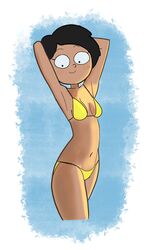 1girls amphibia armpits arms_behind_head arms_up bikini black_hair breasts disney disney_channel ezpzzz female female_focus female_only marcy_wu navel pose posing short_hair smile solo solo_female straight_hair swimsuit yellow_bikini yellow_swimsuit