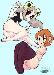 2girls ass bloody_marie female flat_chest multiple_girls nipples peacock_(skullgirls) petite pussy skullgirls socks vanillabeeens