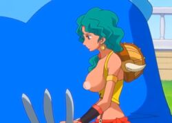 big_breasts breasts cyan_hair exposed exposed_breasts exposed_nipples female female_only light_nipples lily_enstomach magenta_ivy nipples one_piece screenshot_edit tanned